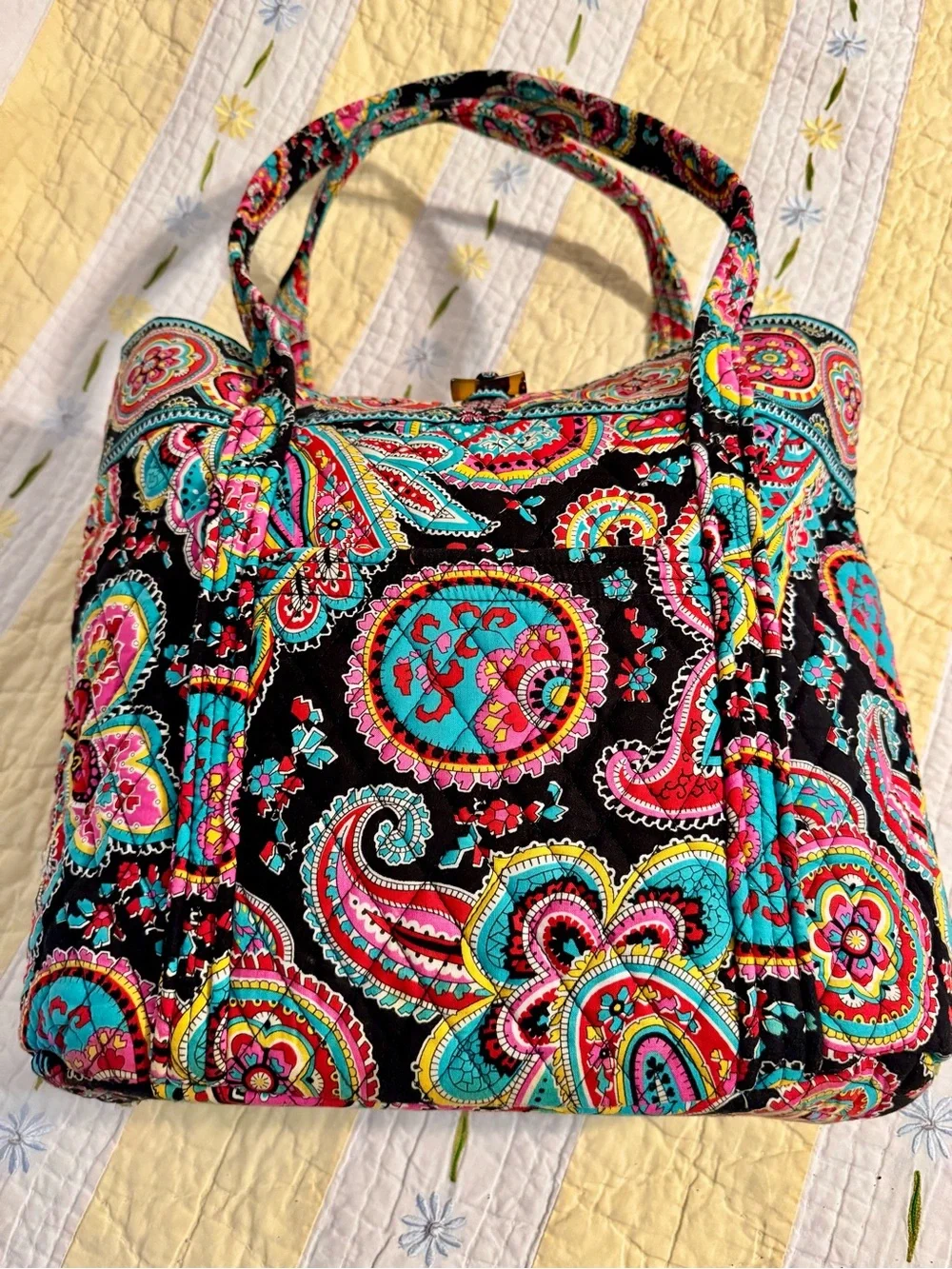 Vera Bradley Quilted Paisley Tote in Black, Turquoise & Hot Pink